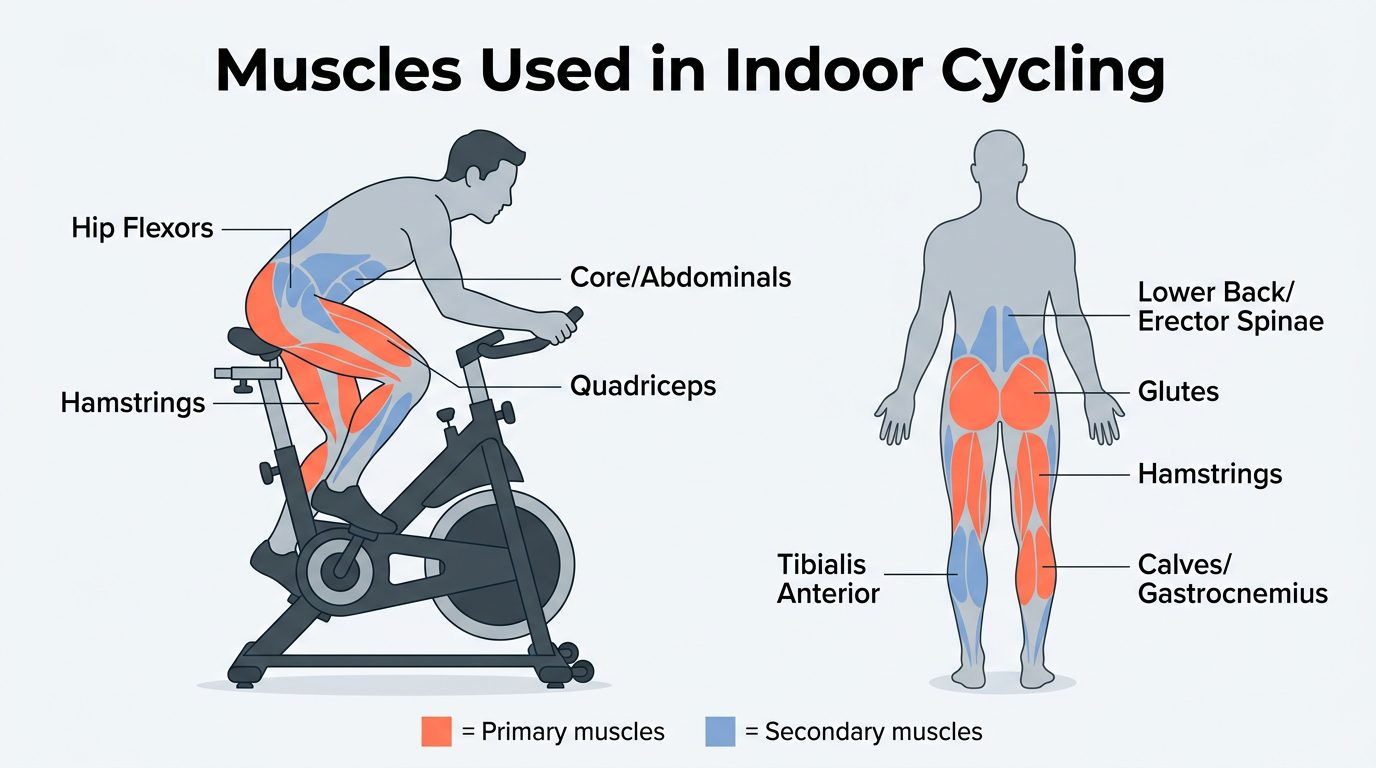 Infographic showing muscles used in indoor cycling — primary muscles (orange): quadriceps, hamstrings, glutes, calves; secondary muscles (blue): hip flexors, core, lower back, tibialis anterior